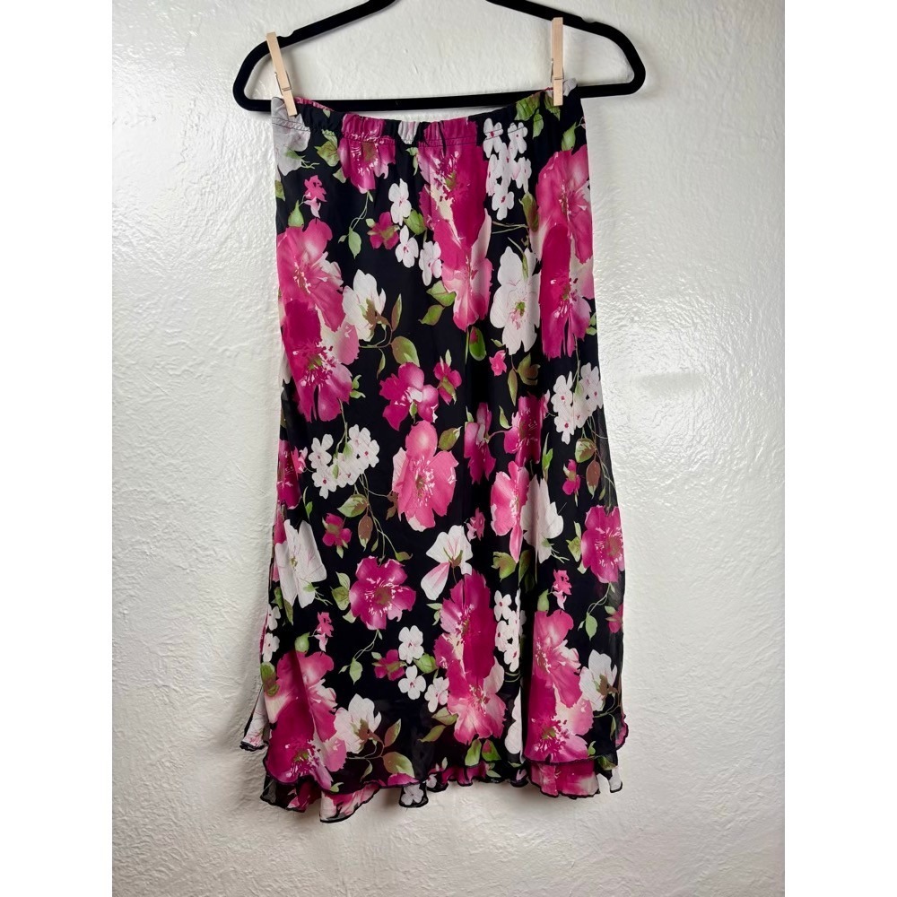 Black Floral Midi Skirt Women's Sz‎ PM Flowy Ruffle Hem Boho Cottage Prairie